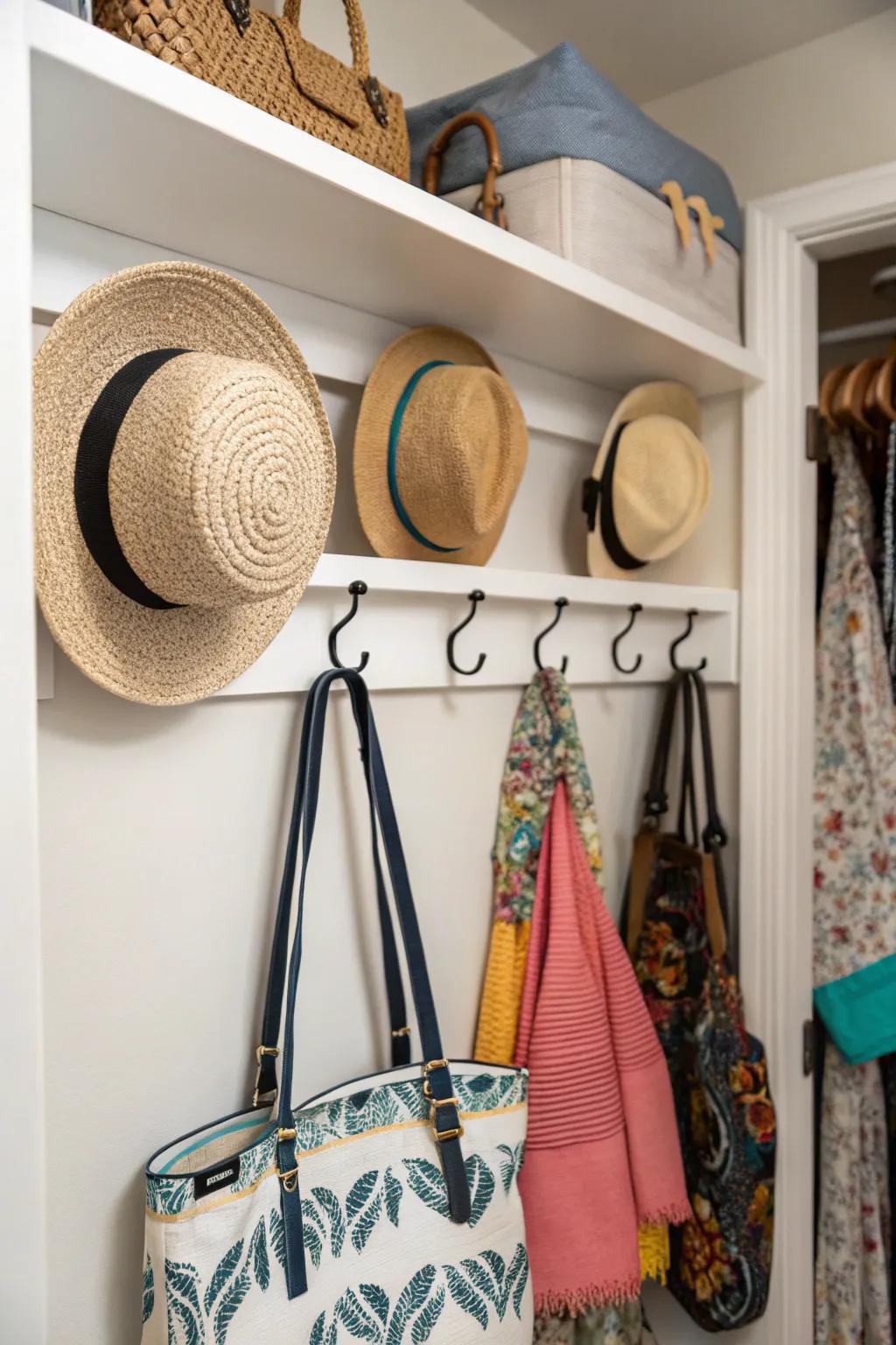 A closet with decorative hooks for hanging hats and bags.