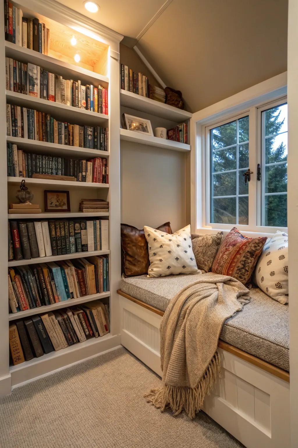 A cozy reading nook adds a personal touch to your library.