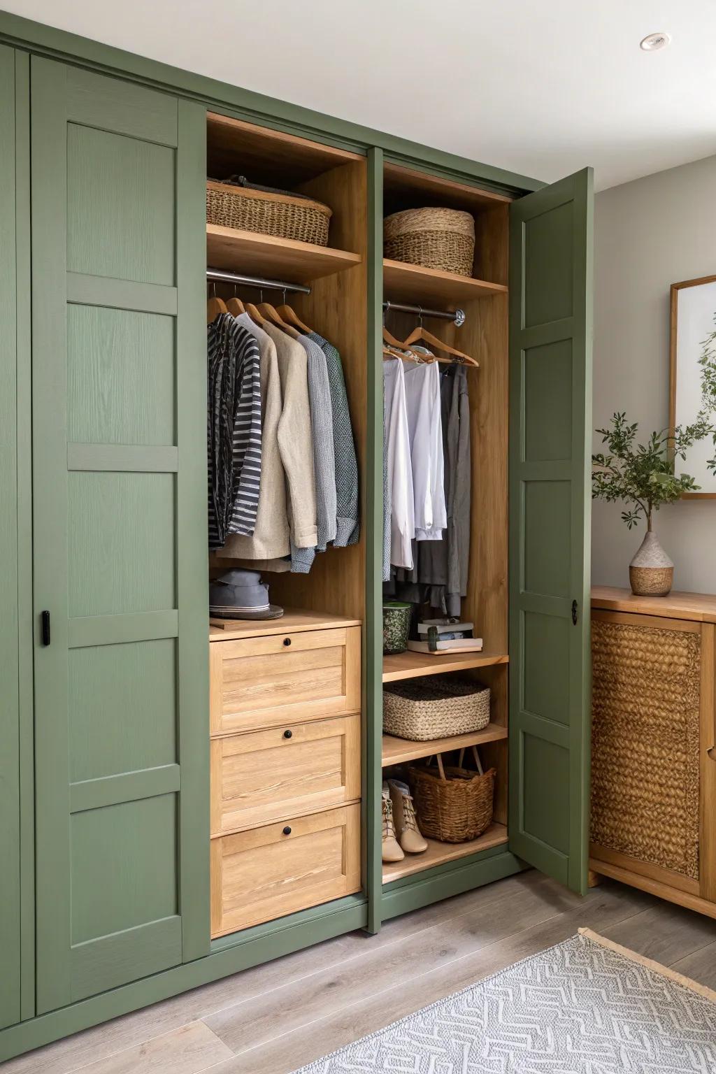 Earthy greens create a grounded and natural closet environment.