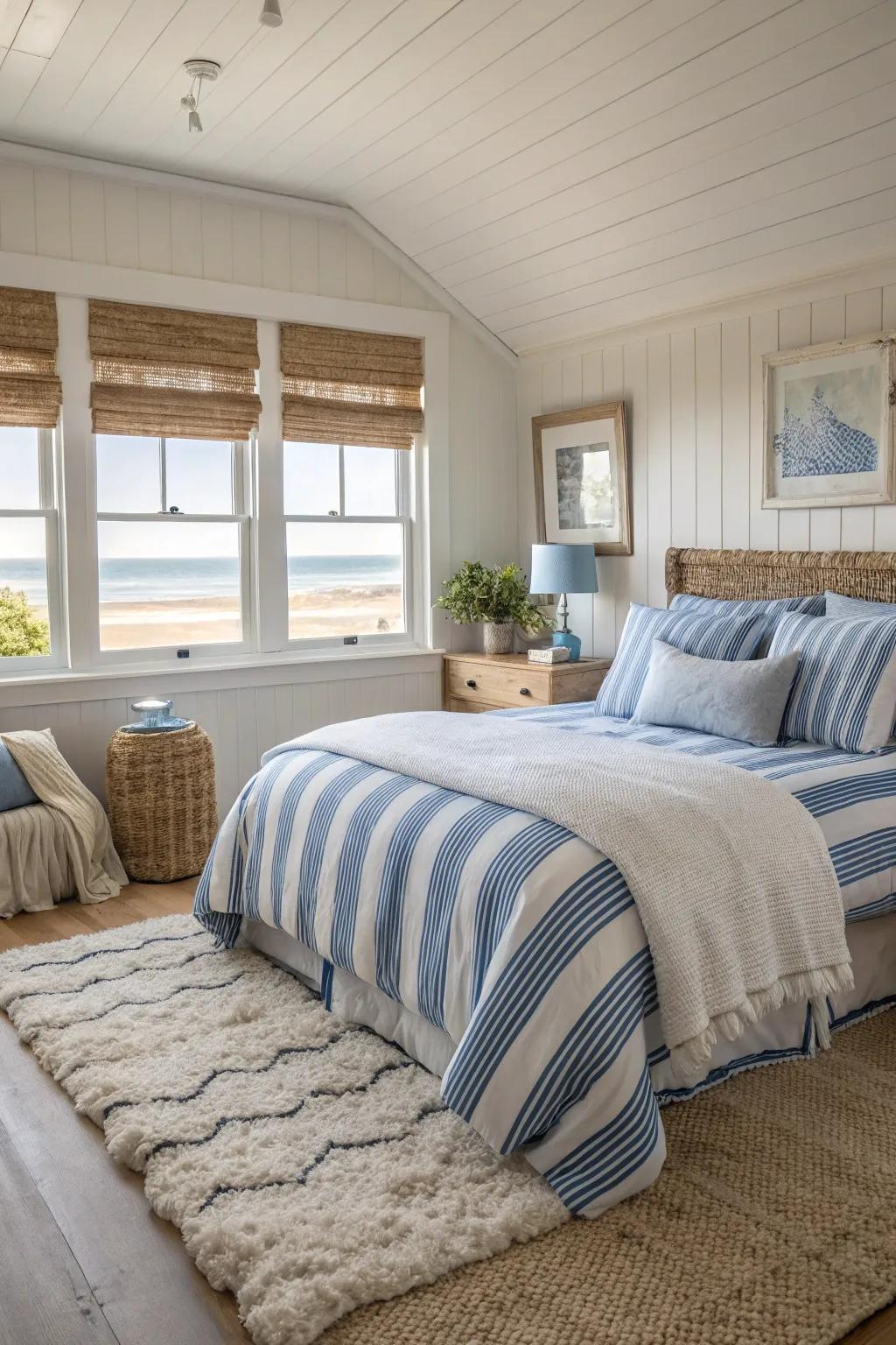 Coastal-themed bedding ties the room's theme together.