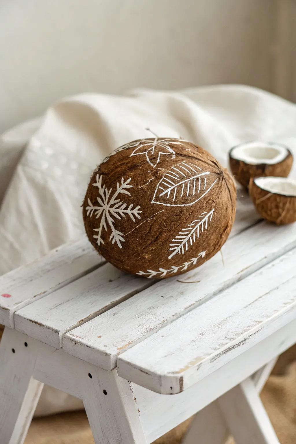 Embrace the seasons with artistic coconut decor, blending simplicity and natural charm.