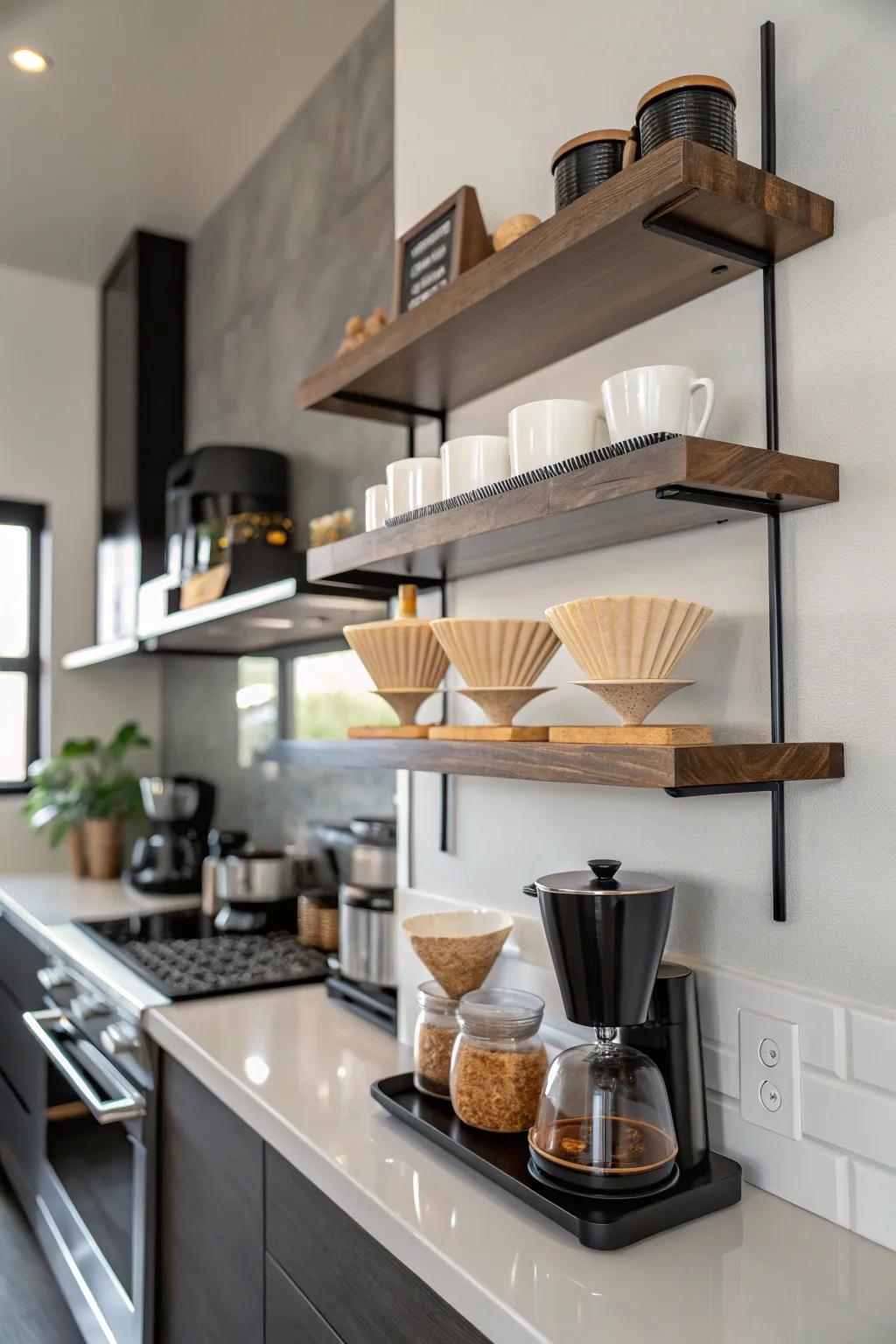 Floating shelves offer a sleek and modern storage solution.