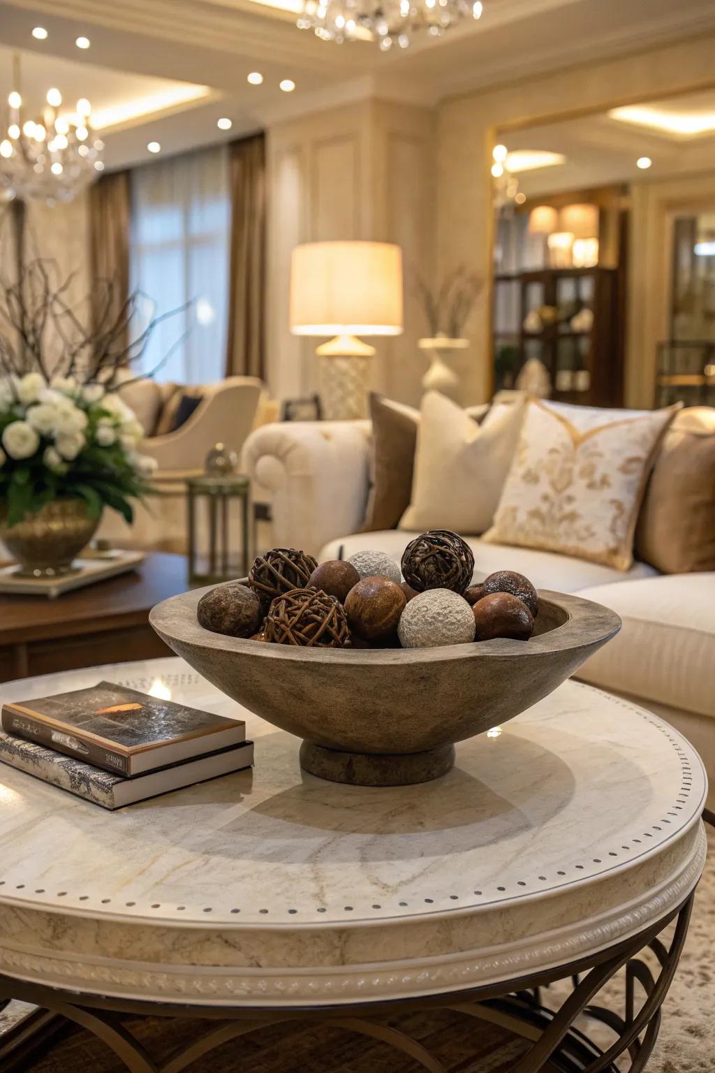 A sculptural bowl serves as a functional art piece on the coffee table.