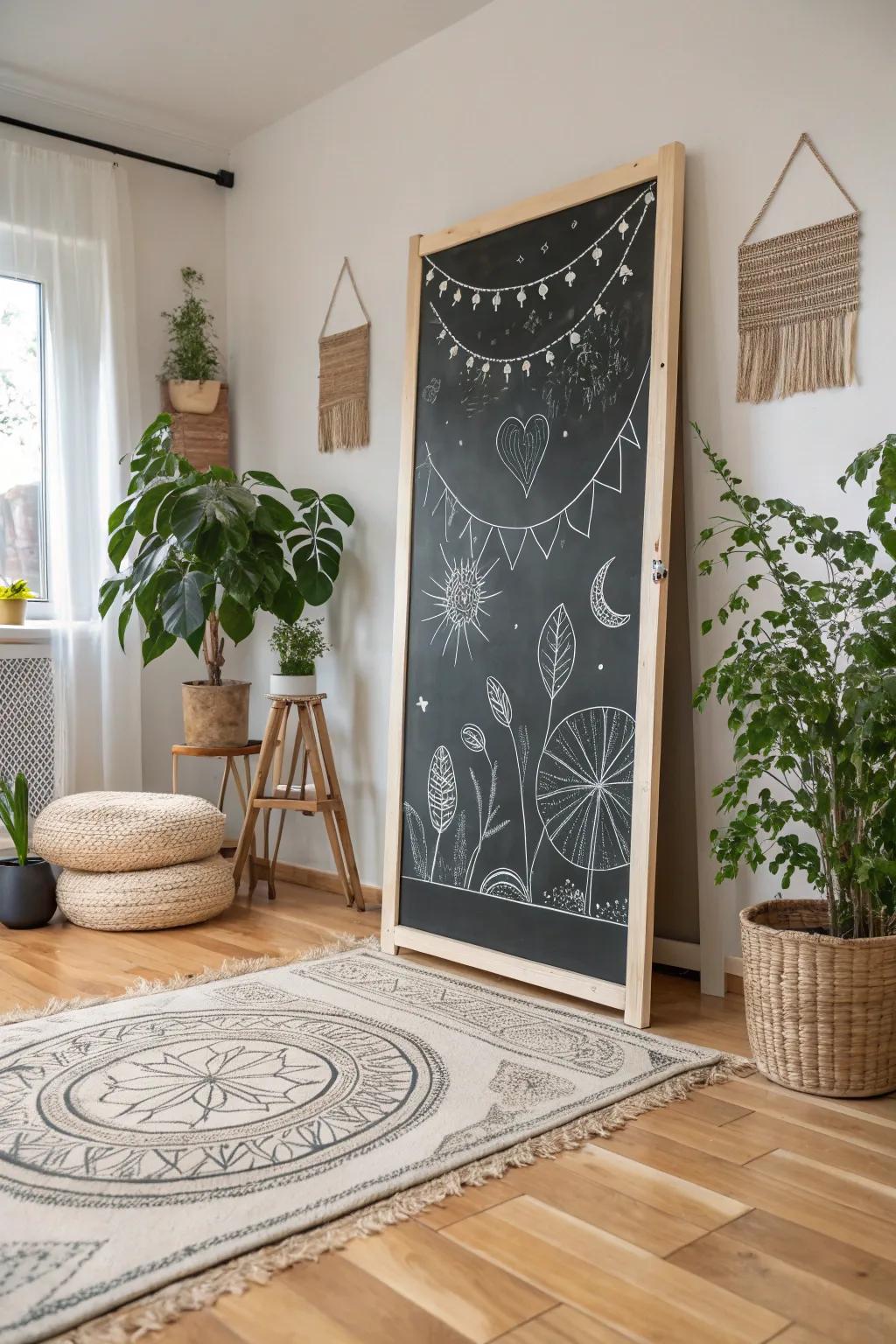 Transform your space with a stunning chalkboard mural that evolves with each creative touch. Embrace simplicity and natural beauty in your artistic journey.
