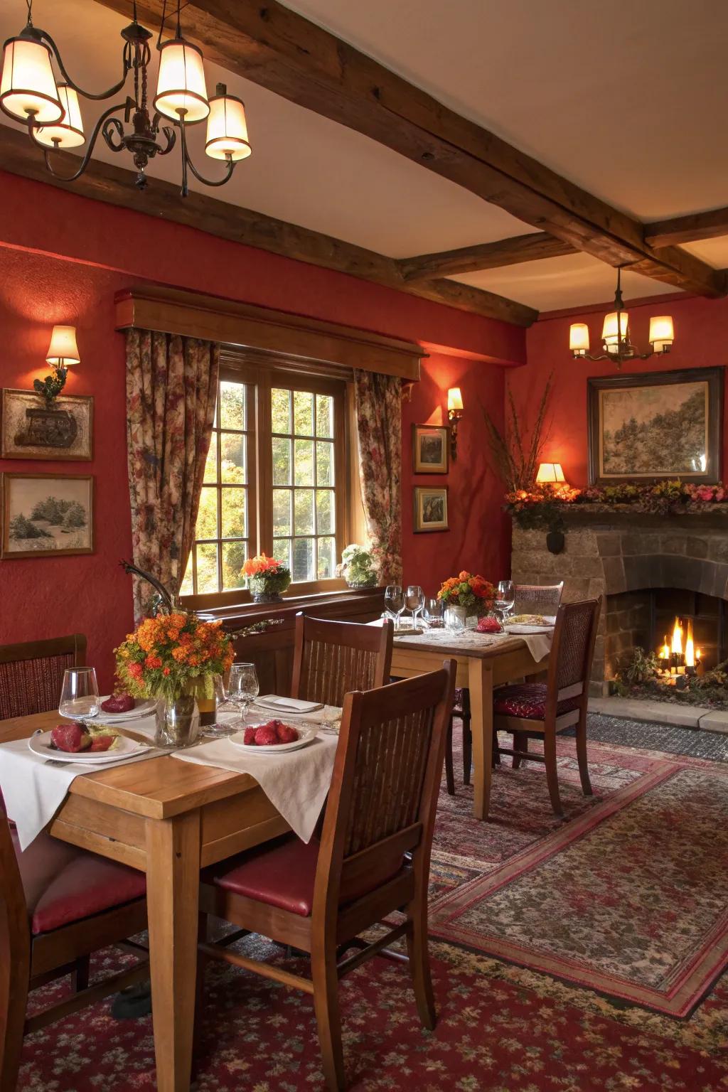 A warm dining room with rustic red accents.