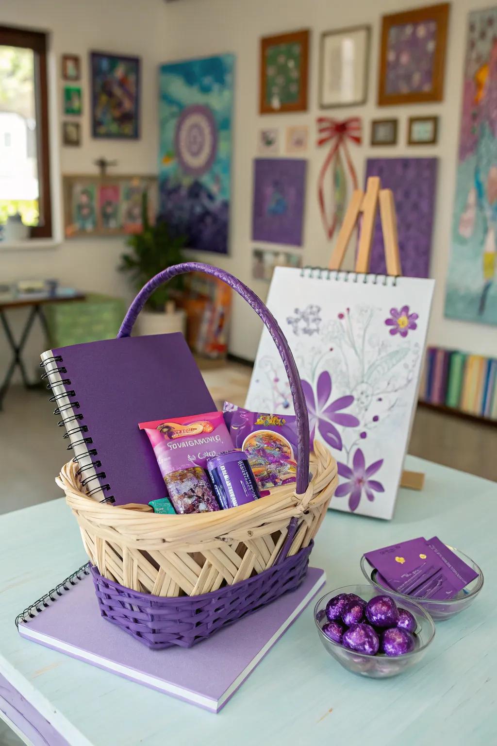 Spark creativity with a vibrant violet-themed gift basket.