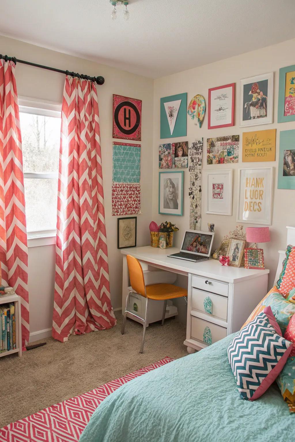 Bold patterned curtains add a touch of elegance and color to this girls' room.