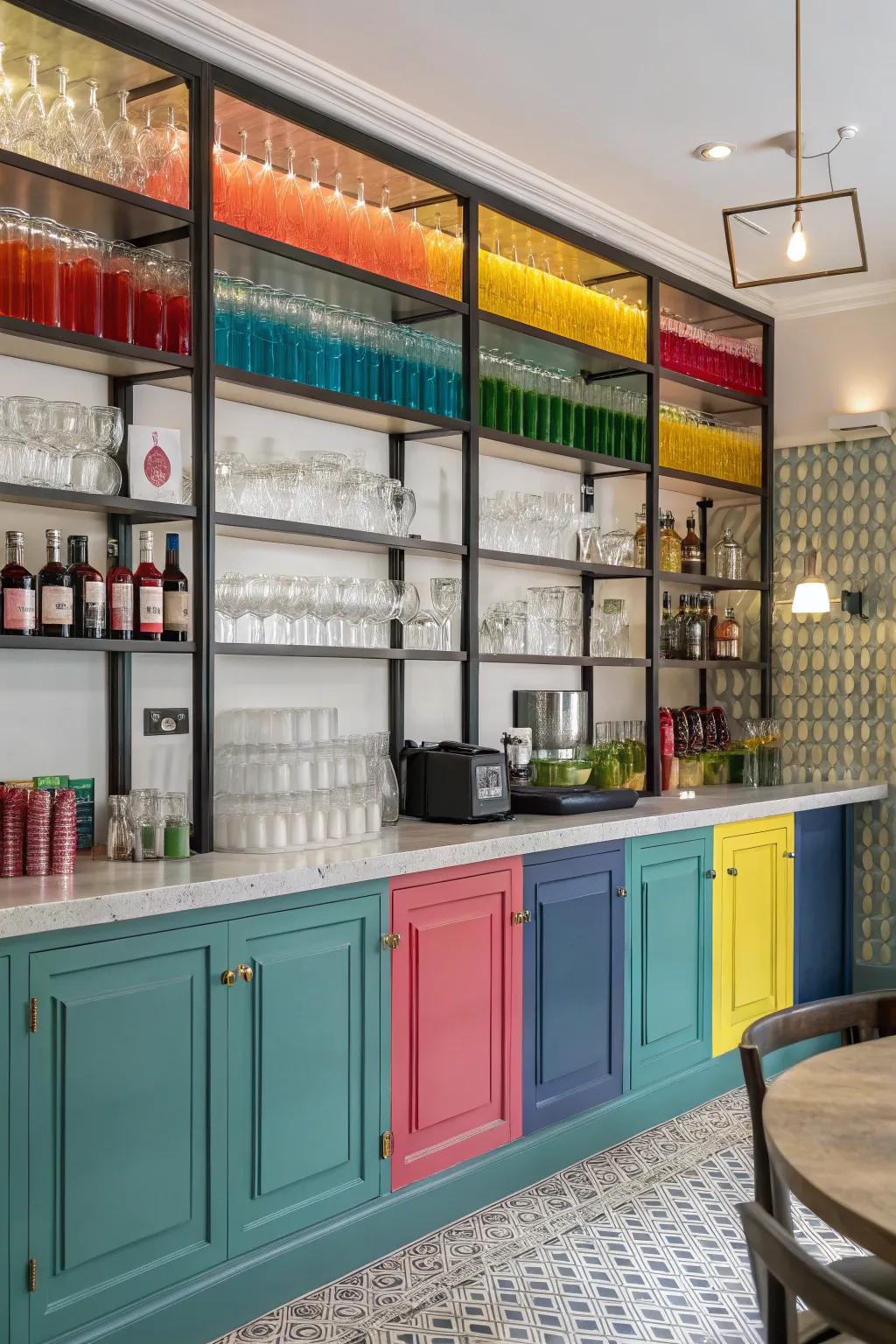 A salon bar featuring colorful glassware, blending style with functionality.