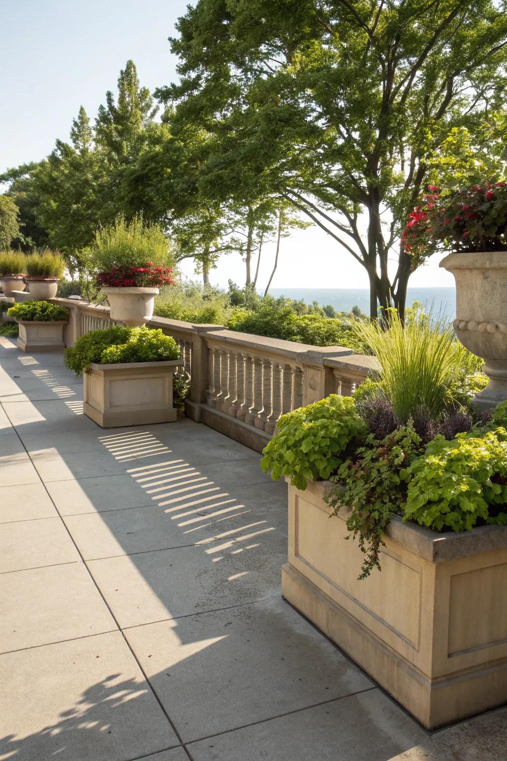 Planter railings bring greenery and life to concrete patios.