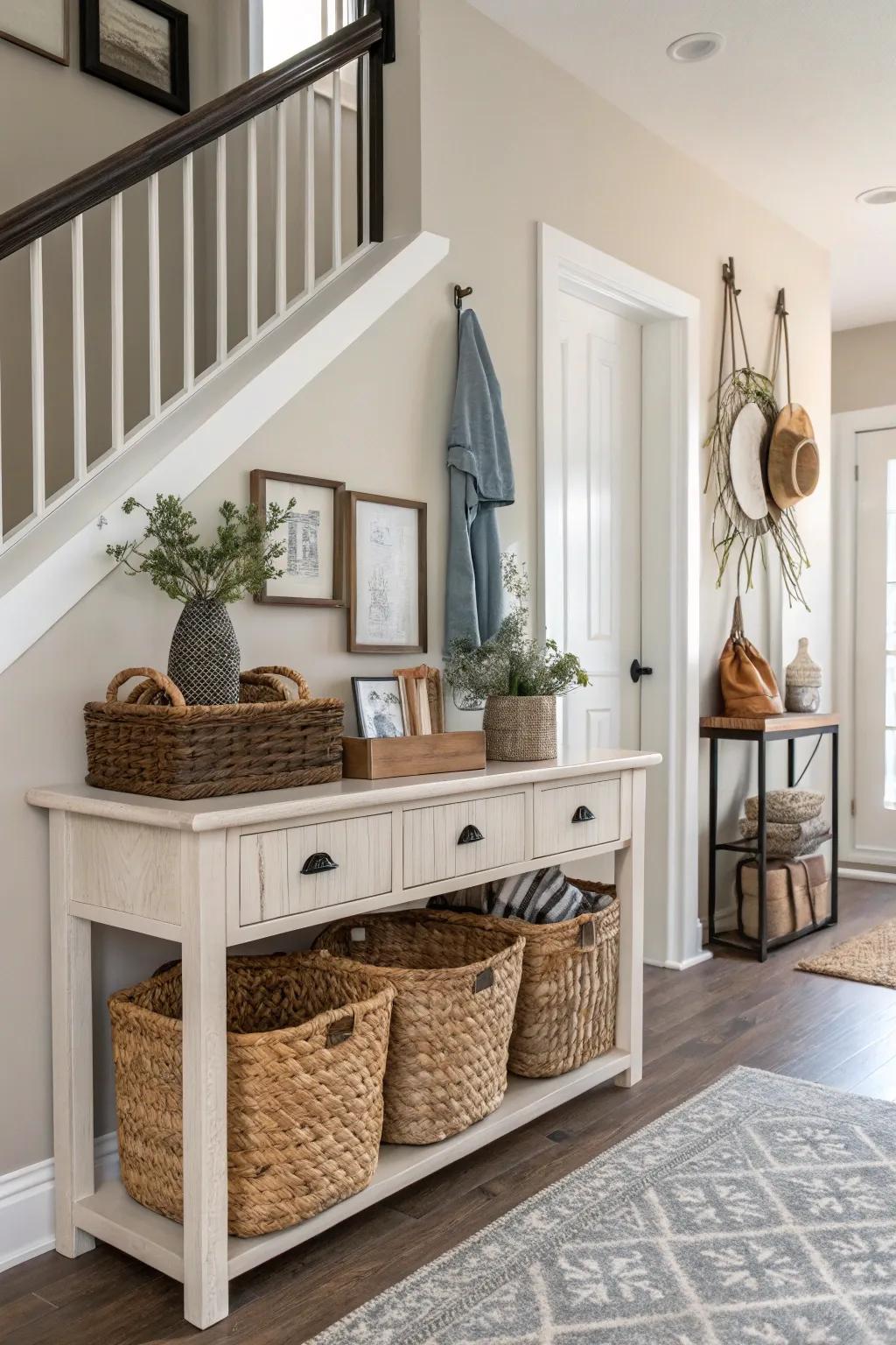 Stylish storage baskets keep the entryway clutter-free.