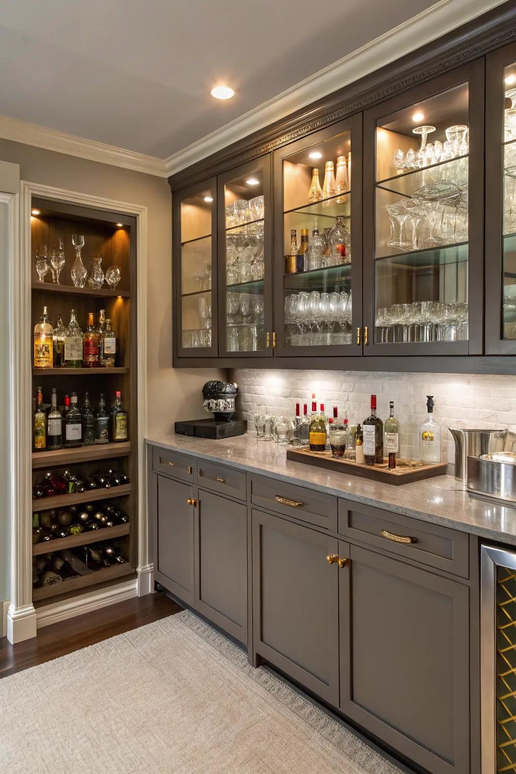 A home bar featuring a balance of open and closed storage.