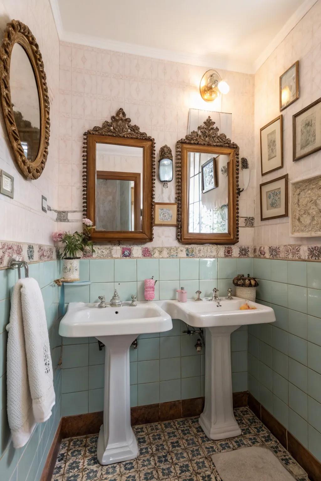 Vintage elements like antique mirrors add charm to the bathroom.