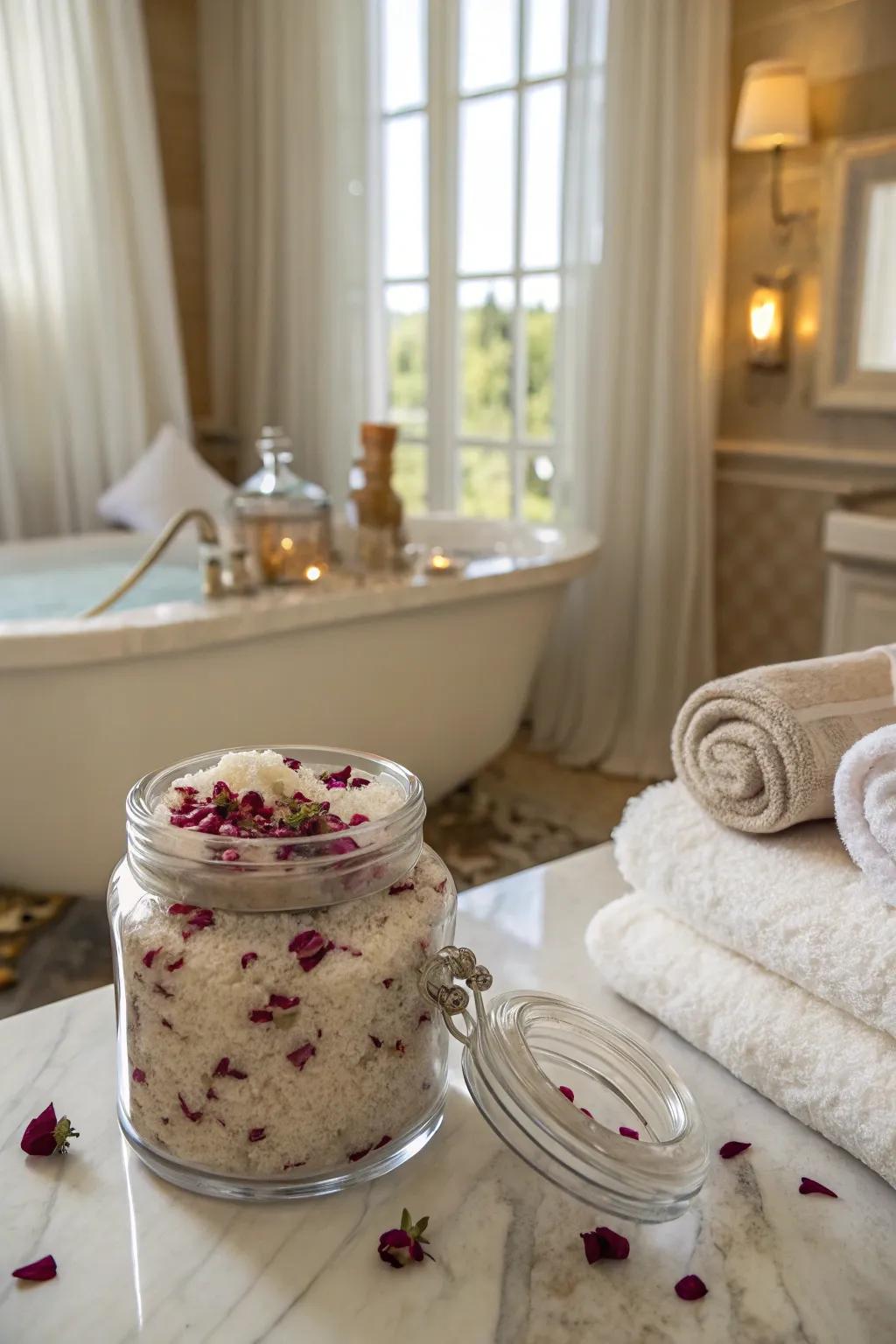 Glass jar of herbal bath salts with lavender and rose petals in a luxurious bathroom.