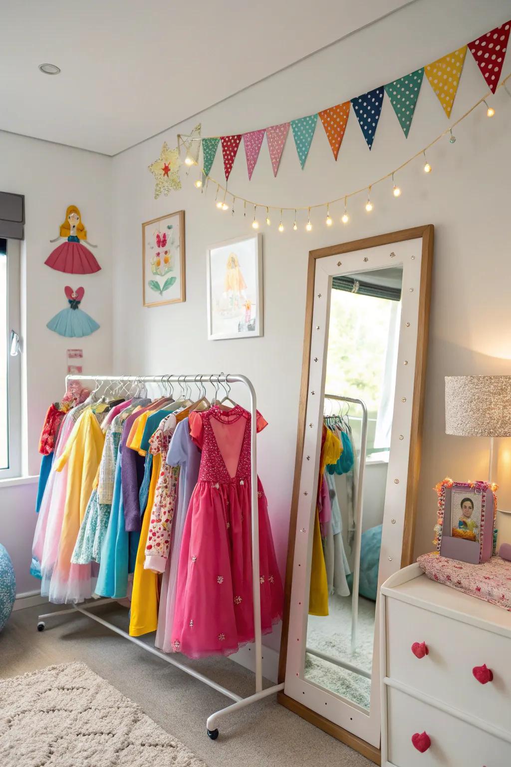 A dress-up corner encourages imaginative play and keeps costumes organized.