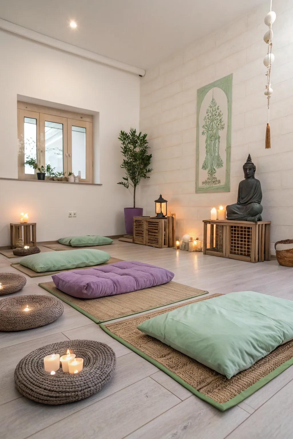 A serene meditation room with sage green and lilac hues.