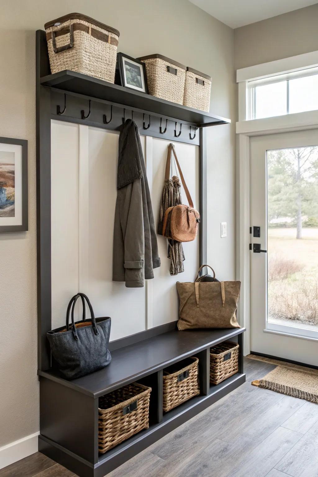 Organize your entryway with corner clothing storage solutions.