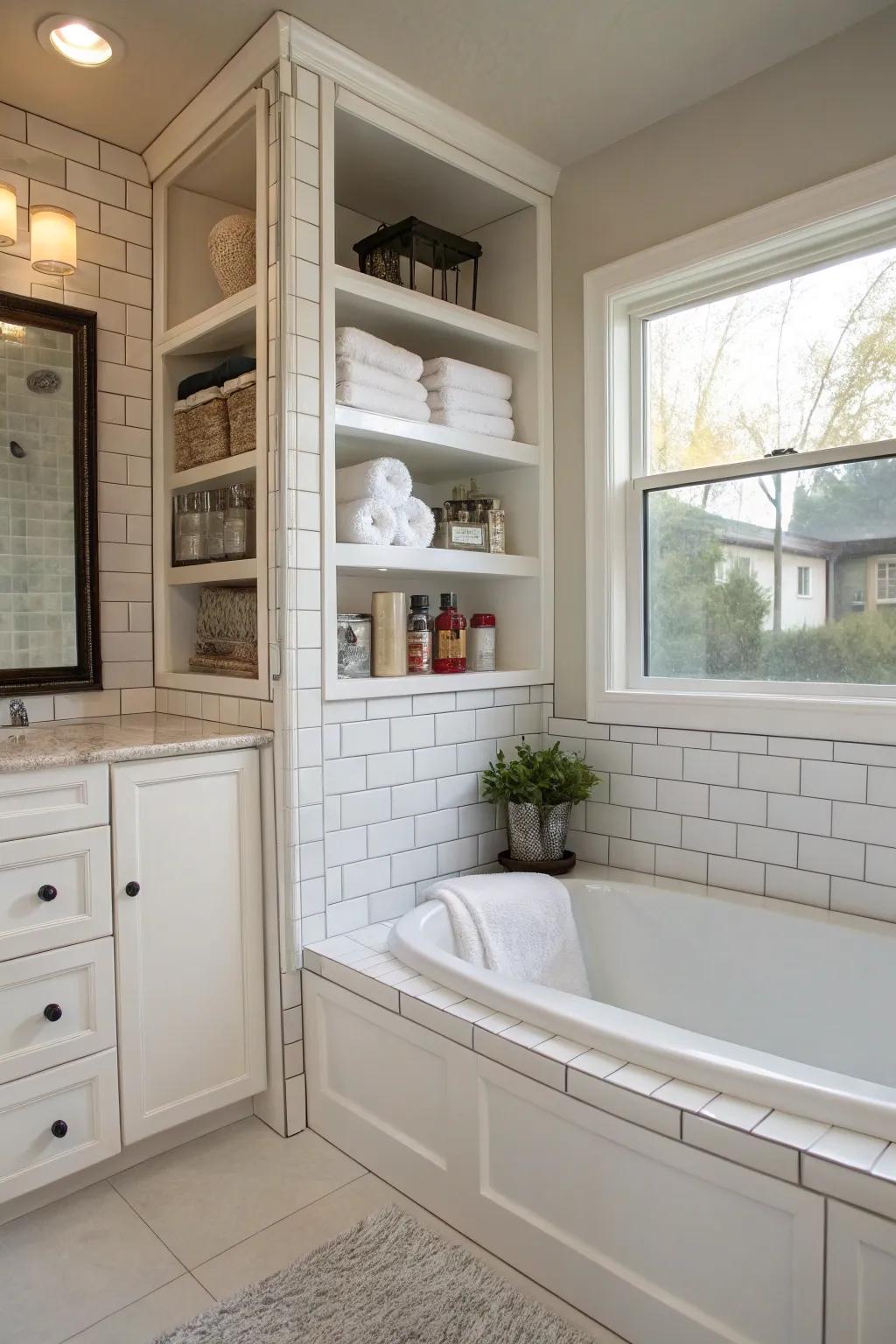 Incorporate storage solutions to keep your bathroom neat and organized.