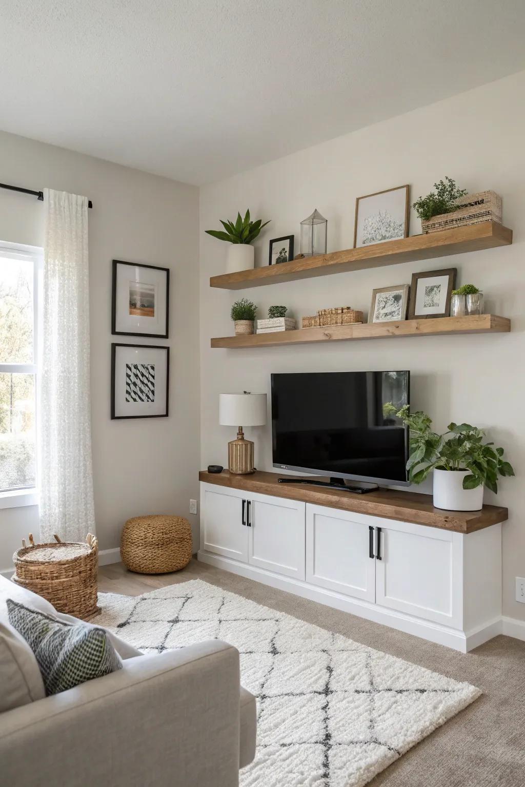 Floating shelves offer a minimalist and customizable TV setup.