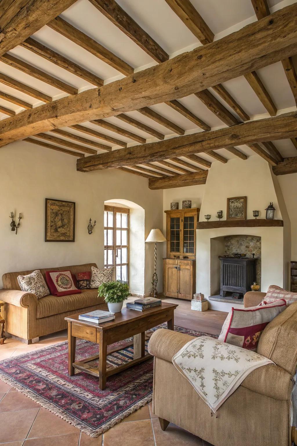 Reclaimed wood beams add vintage charm to a country living room.