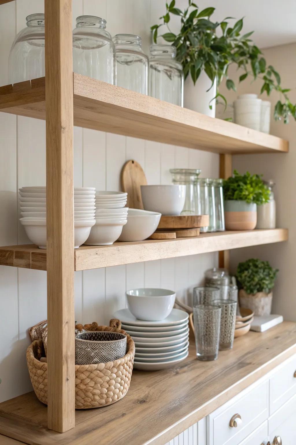 Elevate your kitchen with open shelves that blend Scandinavian simplicity with Boho charm.