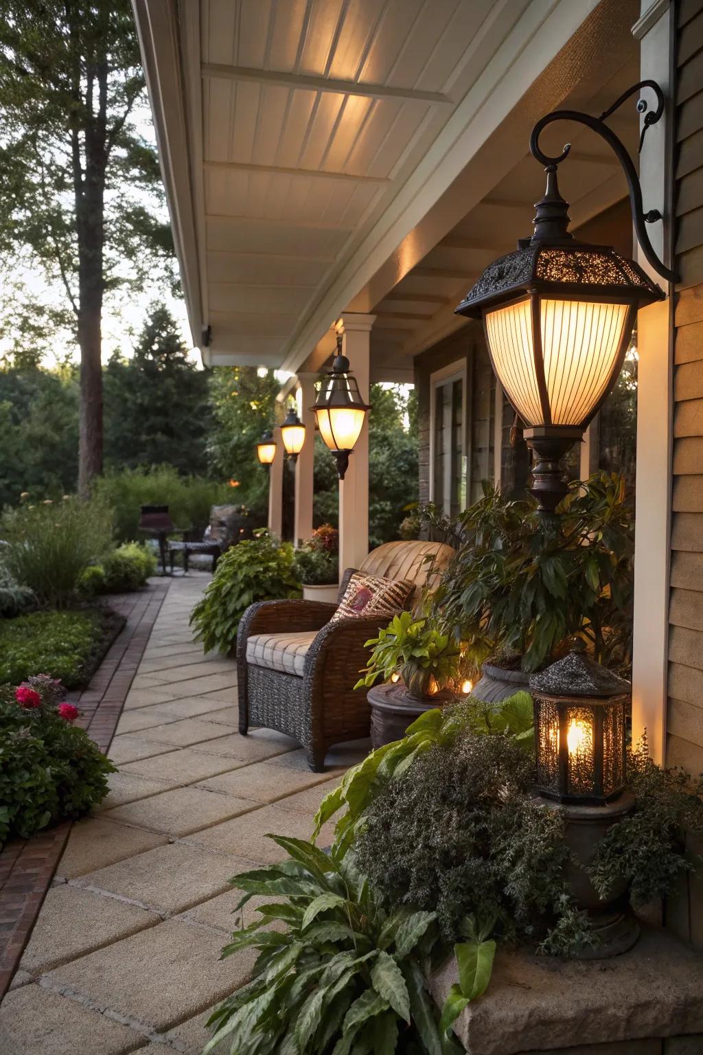 Battery-powered lights offer placement flexibility on patios.