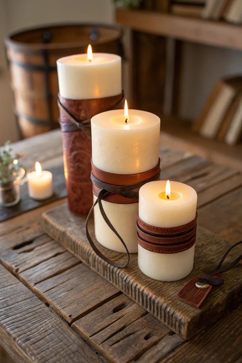 Leather accents add warmth and texture to your centerpiece arrangements.