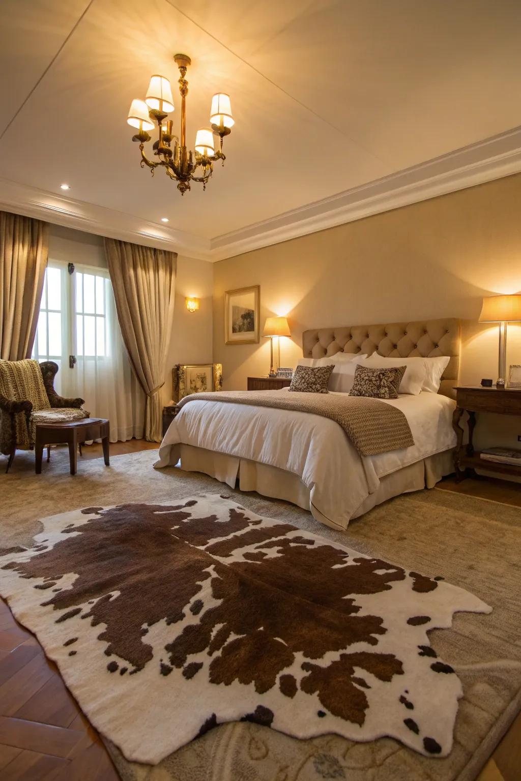 A cowhide rug adds luxury and warmth to the bedroom.