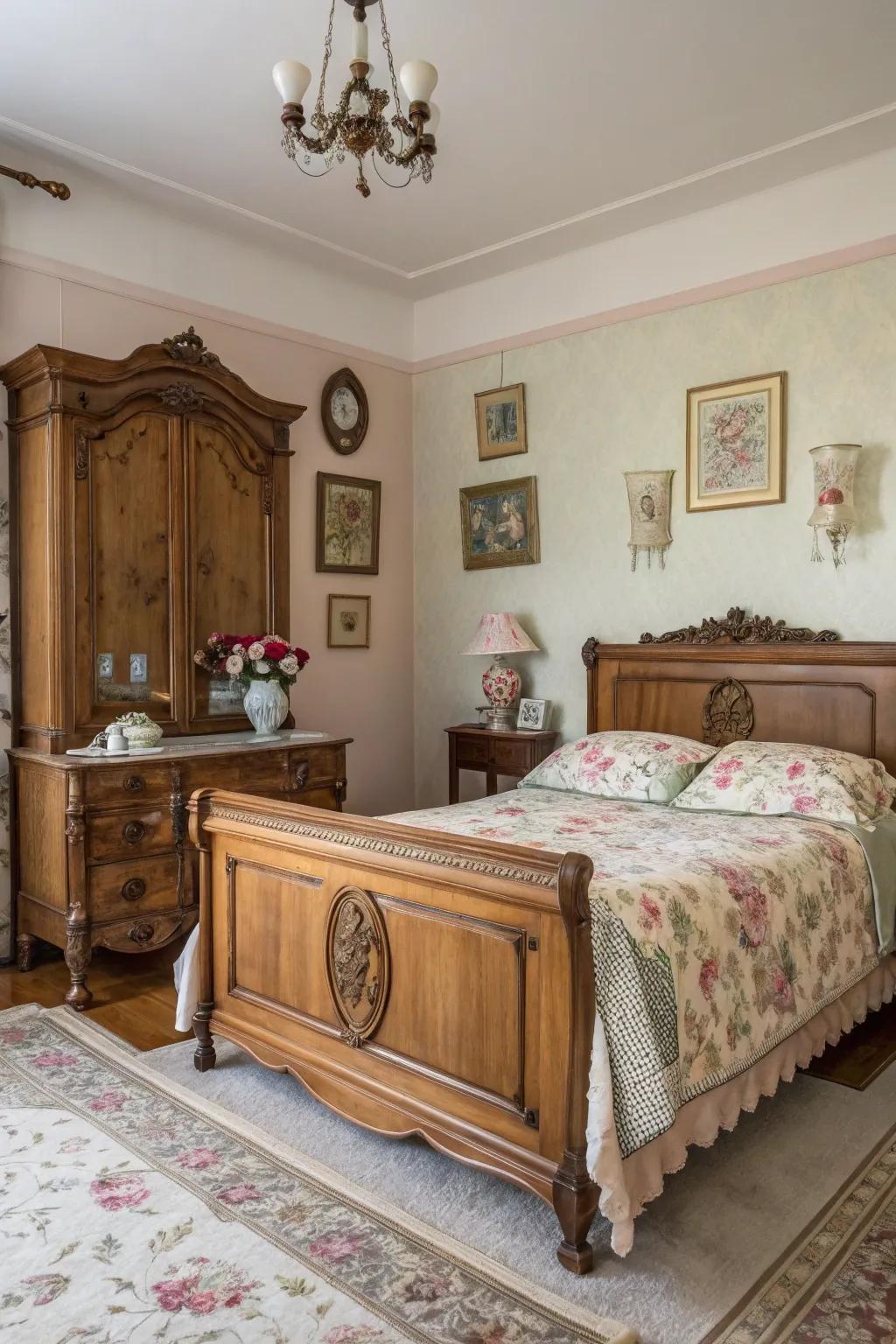 Vintage pieces add a unique and charming touch to this bedroom.