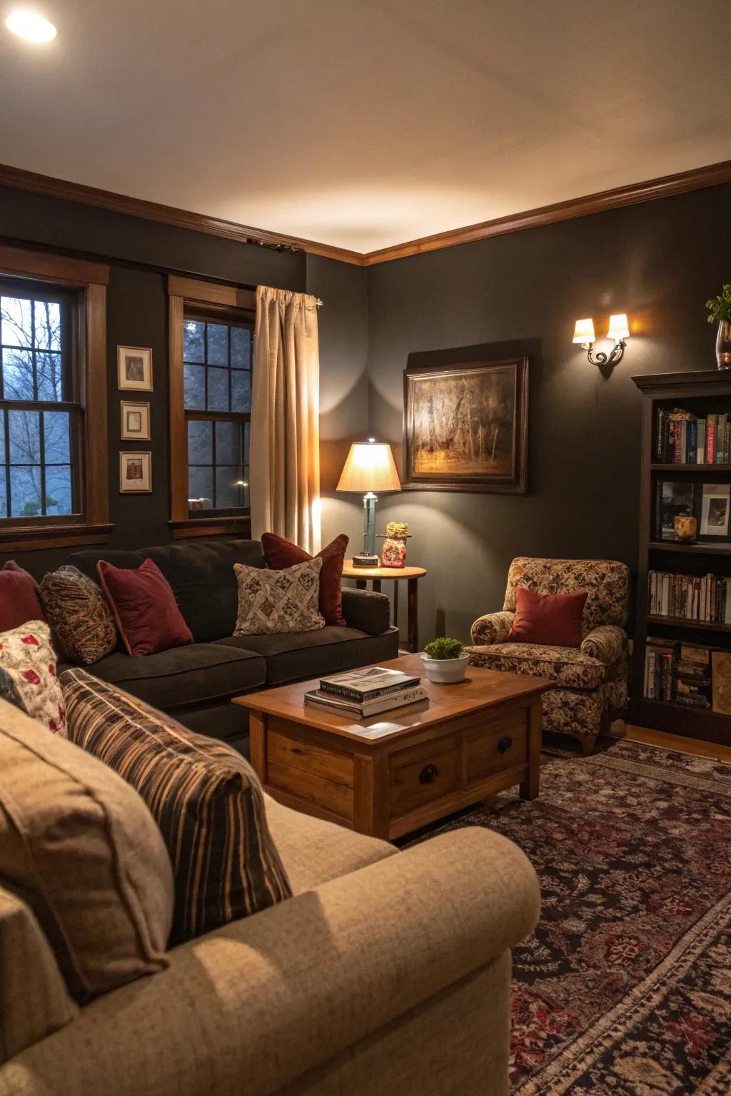 Dark tones create a cozy and intimate atmosphere.