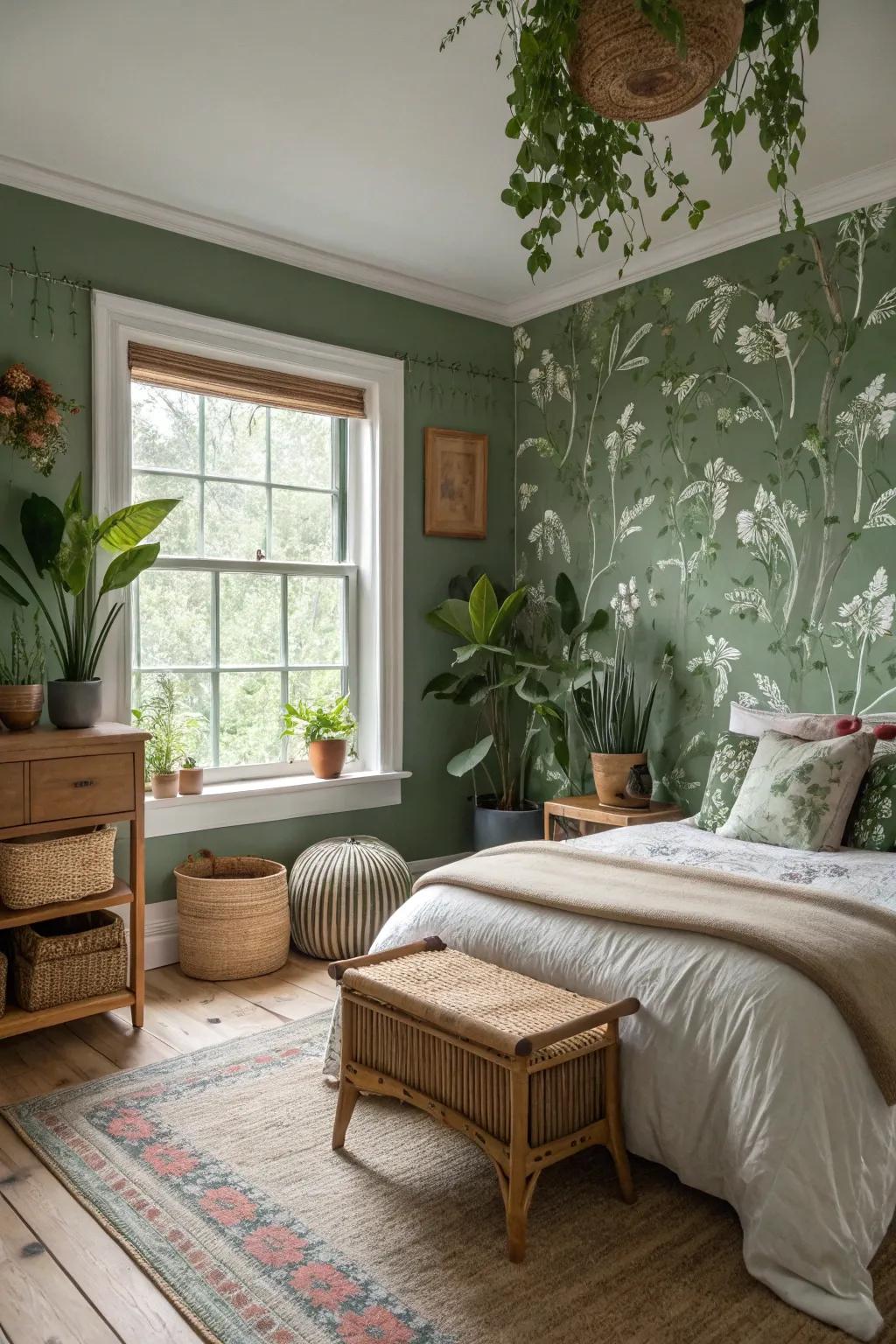 Botanical prints and olive green walls create a fresh and tranquil bedroom.