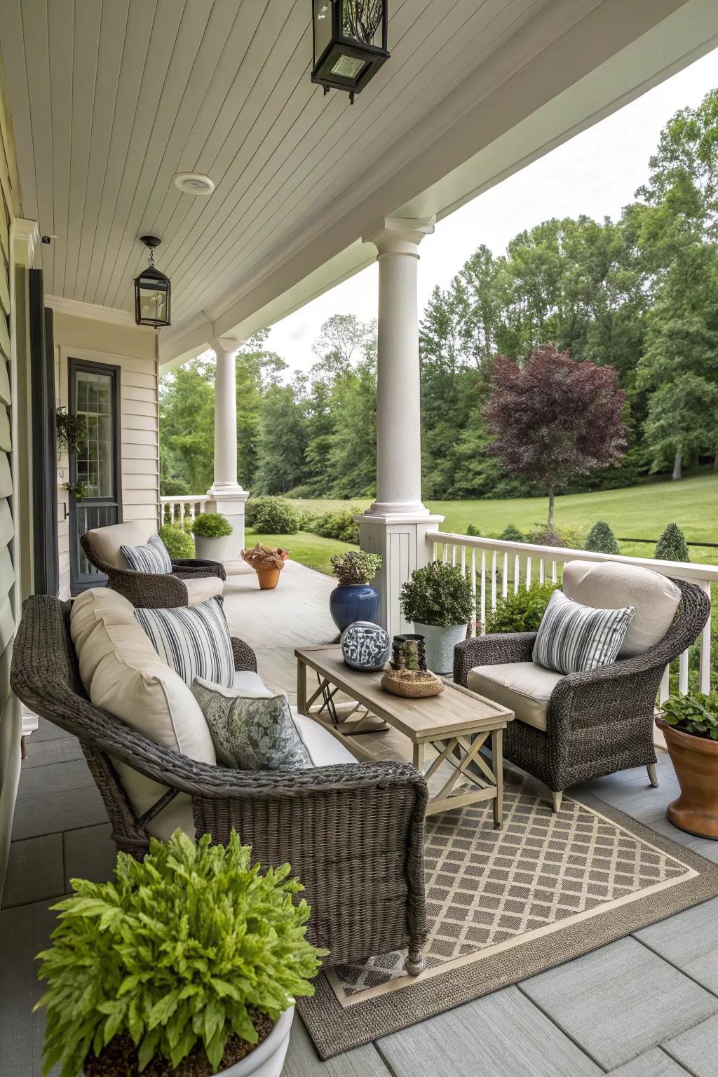 Weatherproof decor maintains style and durability on a porch.