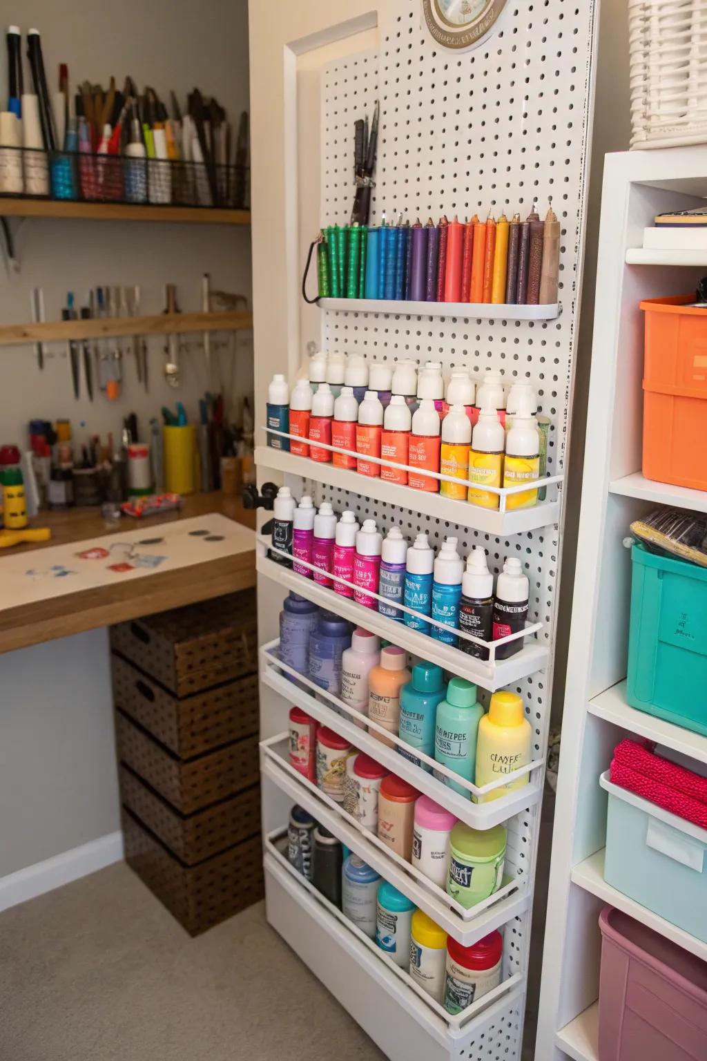 A paint rack organizes and showcases your paint collection.