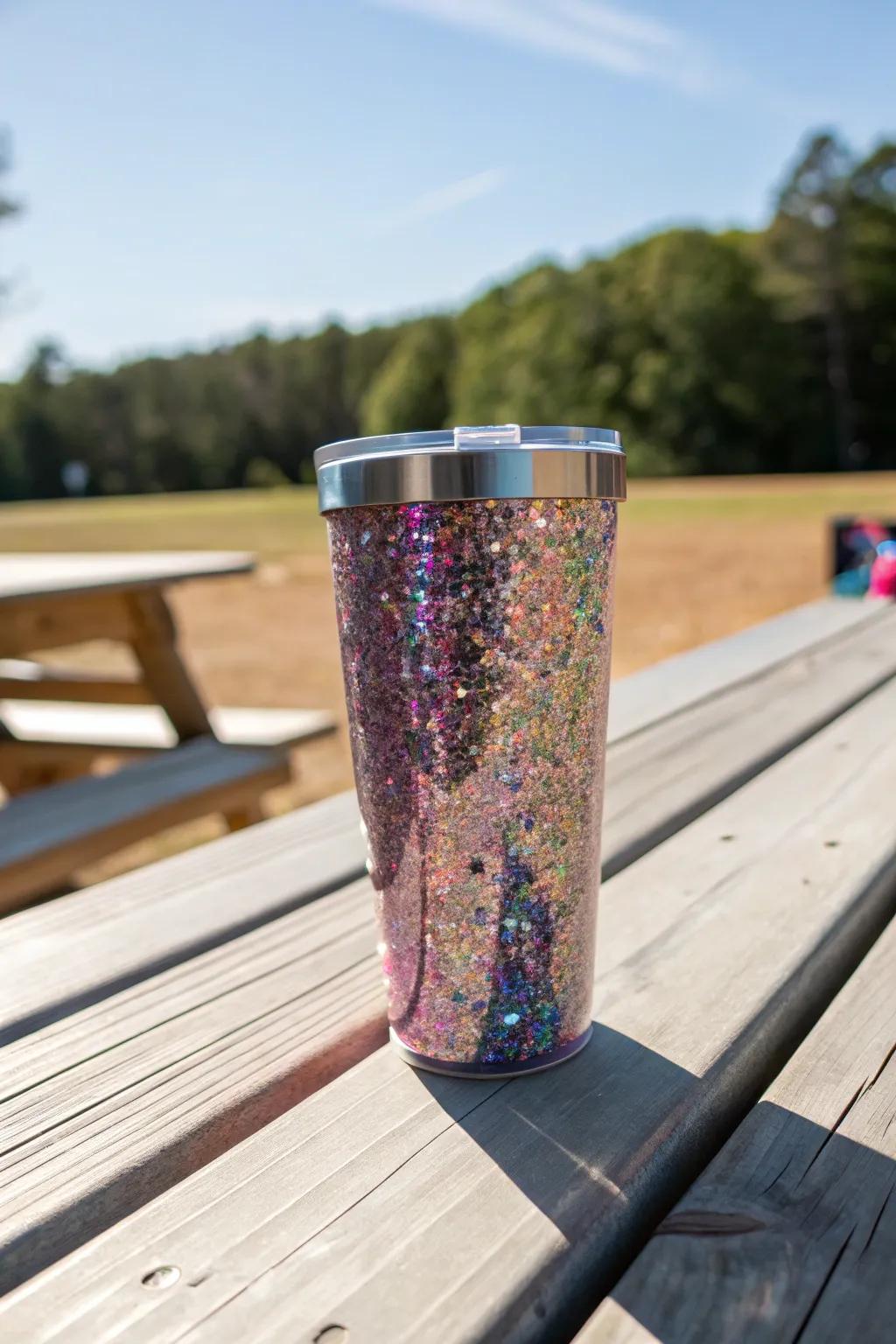 A dazzling floating glitter tumbler, a joyful sparkle for mom's drinkware.