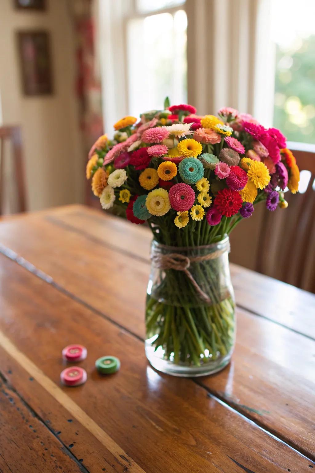 A whimsical bouquet of button flowers adds charm to any space.