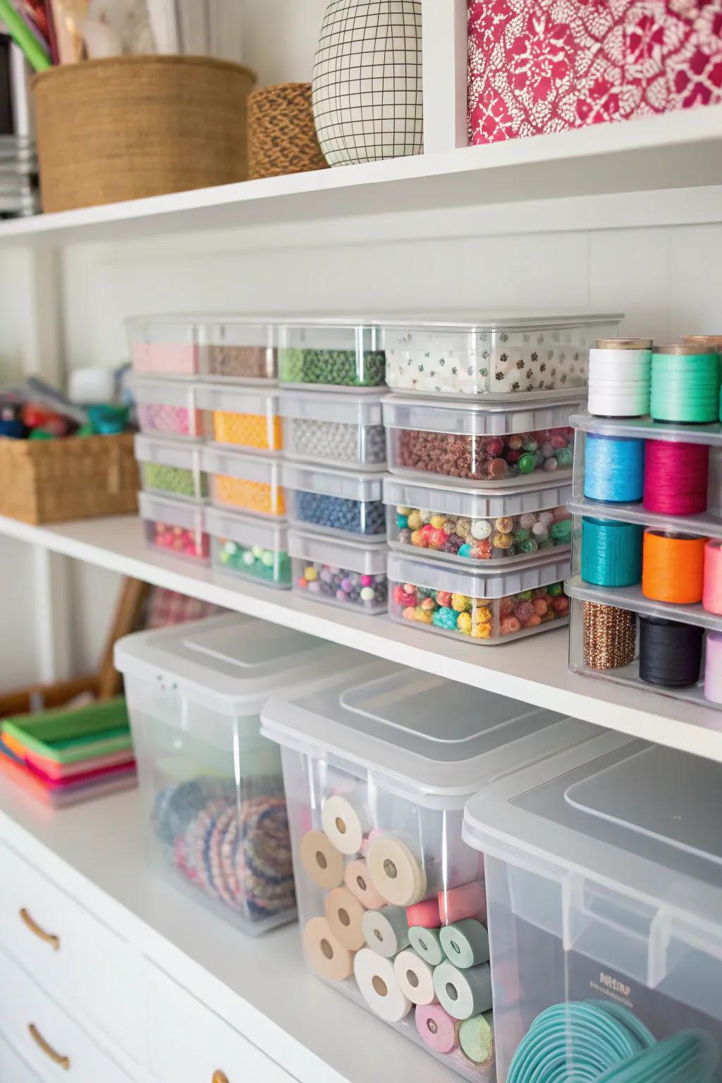 Clear containers help you quickly identify stored items.