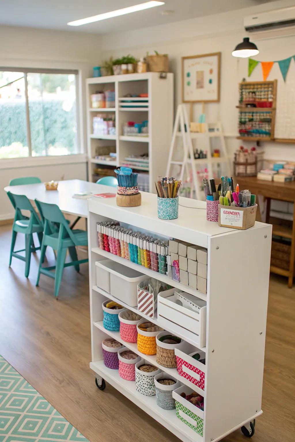 Rolling shelves offer mobile storage solutions for craft spaces.