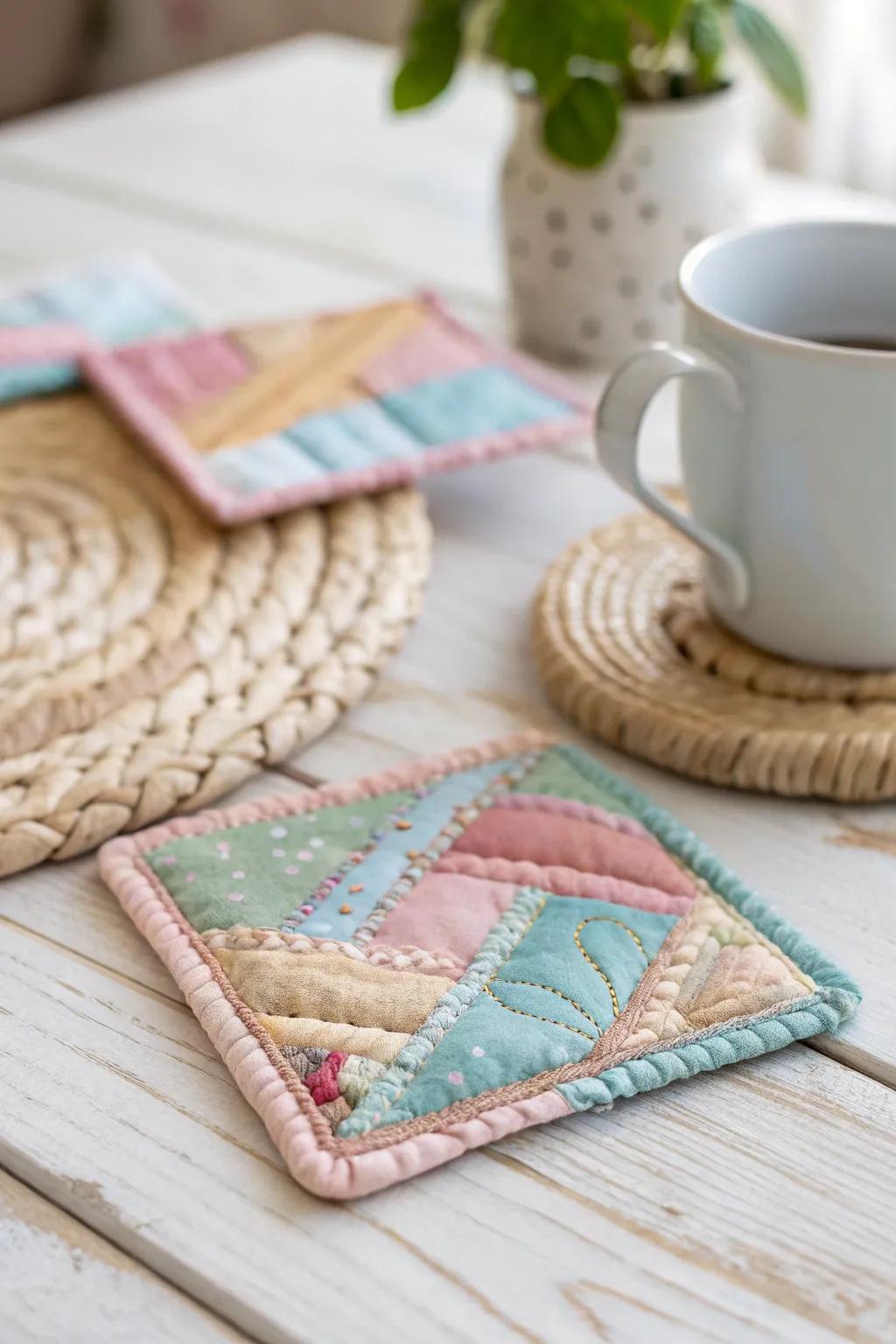 Transform your leftover fabrics into charming coasters—where sustainability meets style.