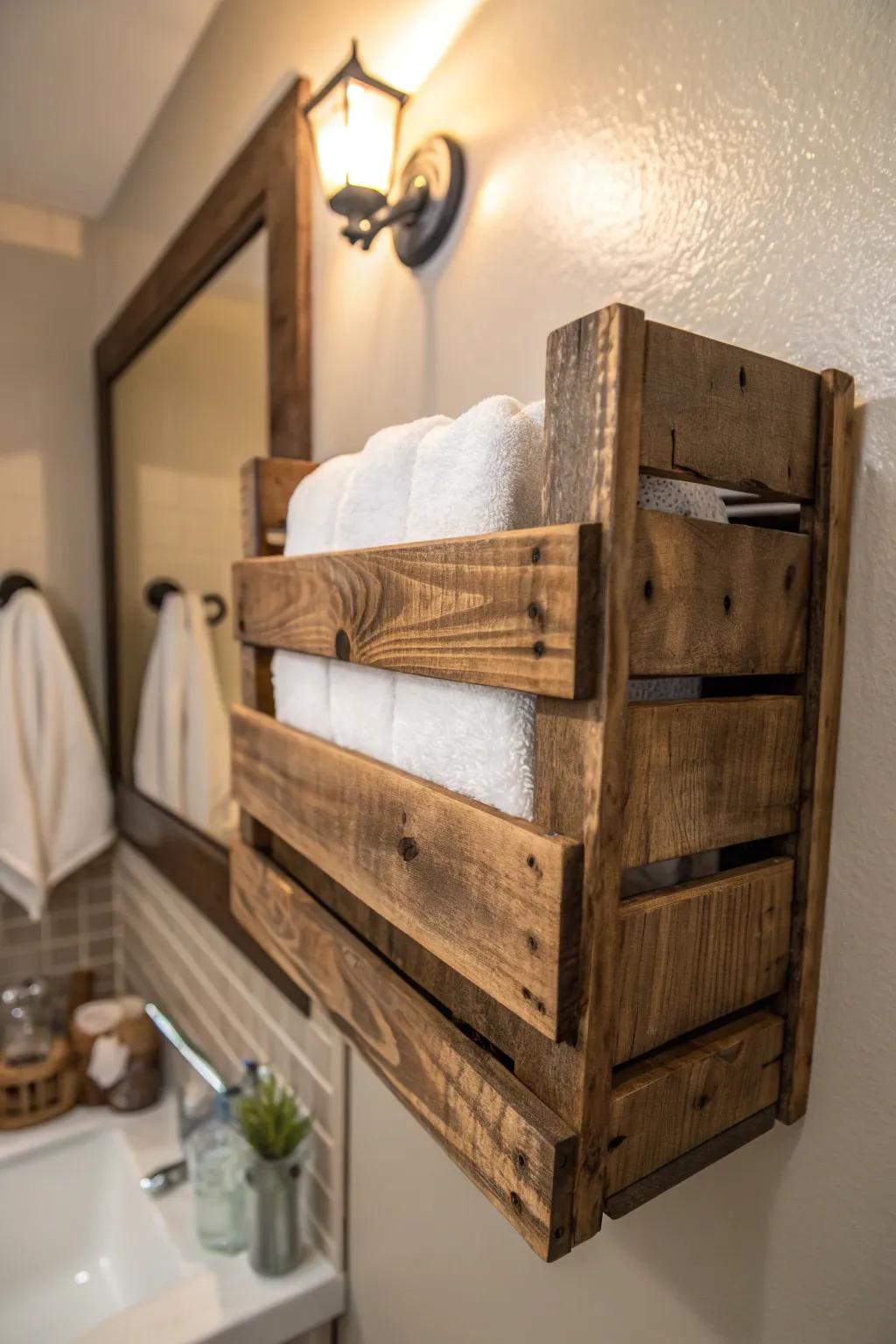 Elevate your bathroom's style with a rustic crate towel holder, blending functionality and artisanal charm.