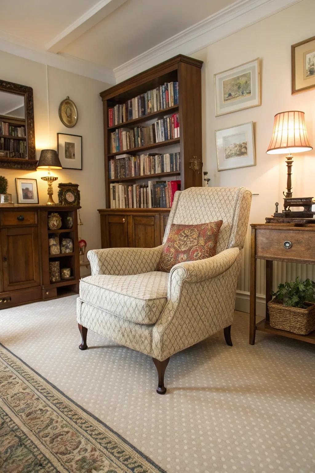 Vintage pieces add character and charm to a cream carpeted living room.