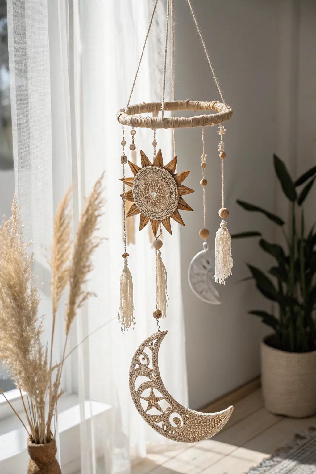 Embrace celestial beauty with this handcrafted sun and moon mobile, a perfect blend of sustainability and minimalist elegance.