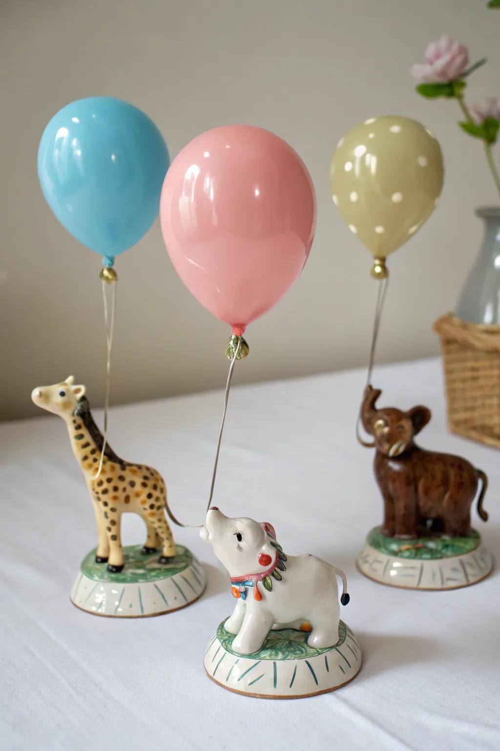 Charming figurines serving as personalized balloon weights for themed events.