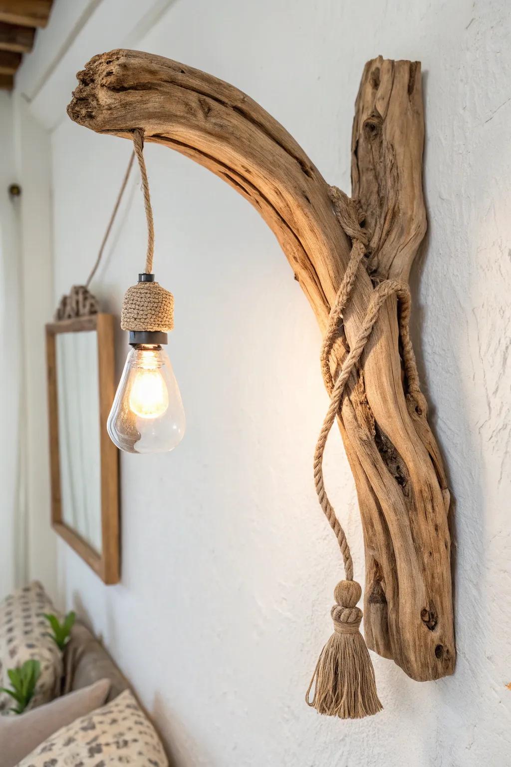 Illuminate your space with the rustic charm of a driftwood wall lamp, where nature meets elegance.