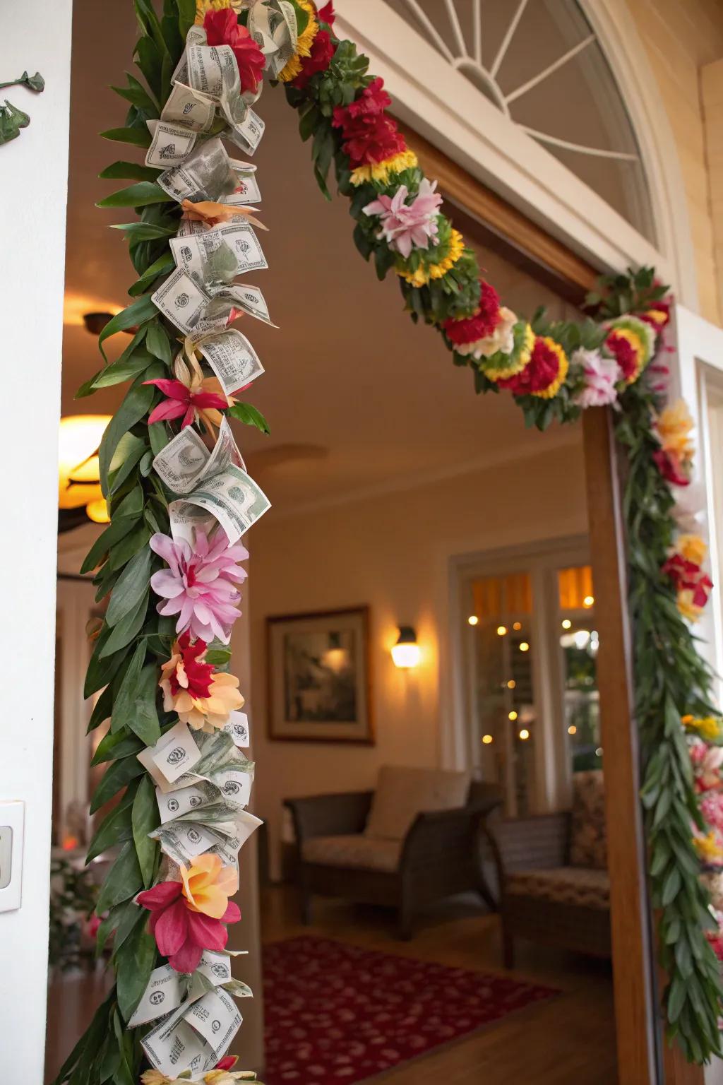 A colorful money lei combining tradition with creativity.