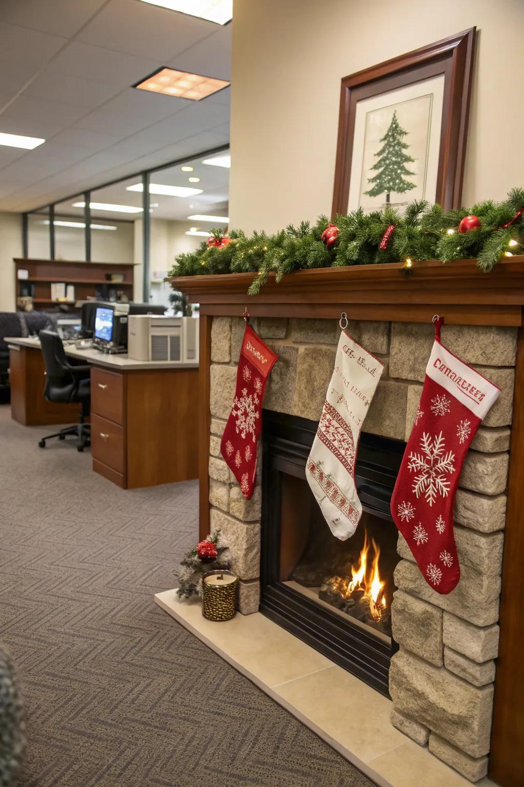 Personalized stockings add a cozy and thoughtful touch to your office holiday decor.