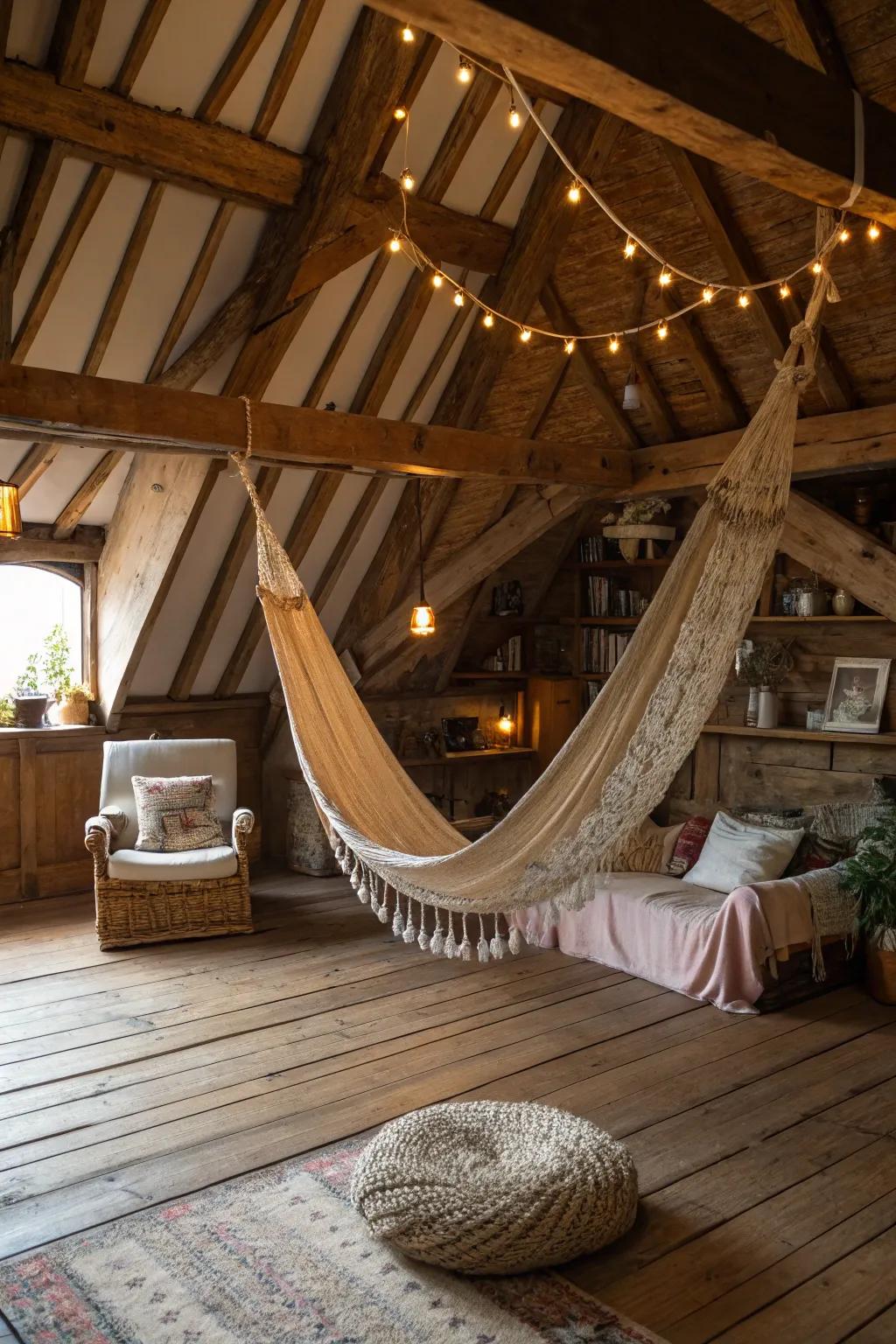 An attic hammock that transforms unused space into a personal sanctuary.