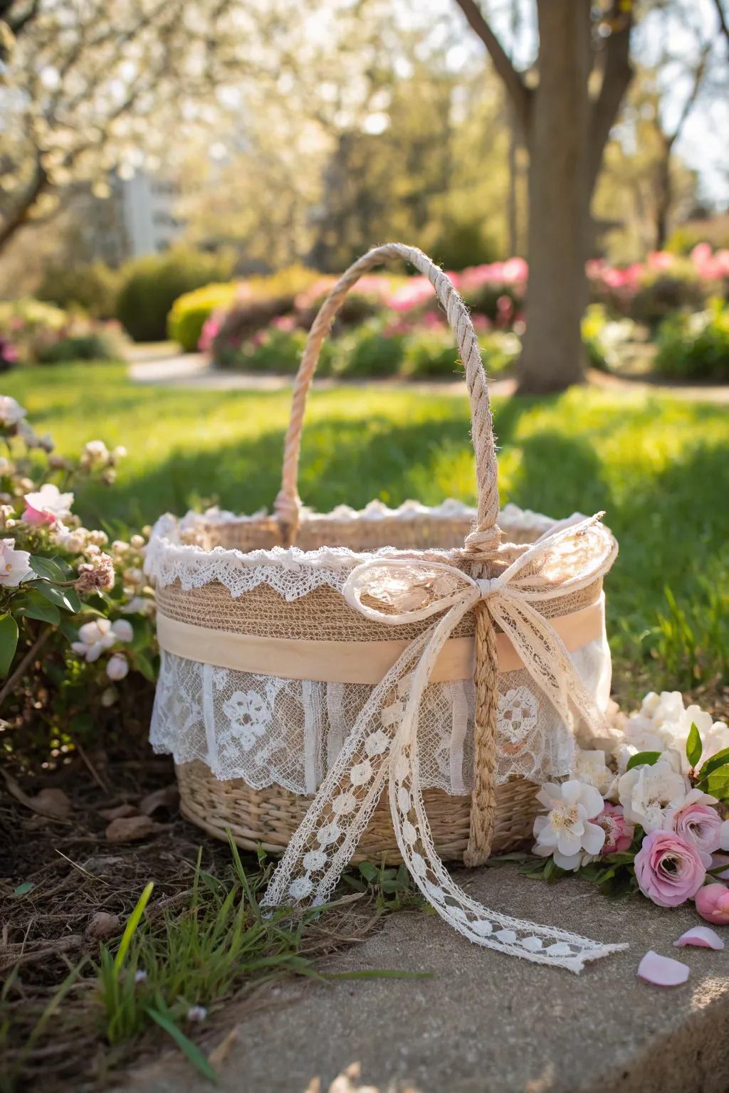 A rustic burlap and lace wrapped gift basket.