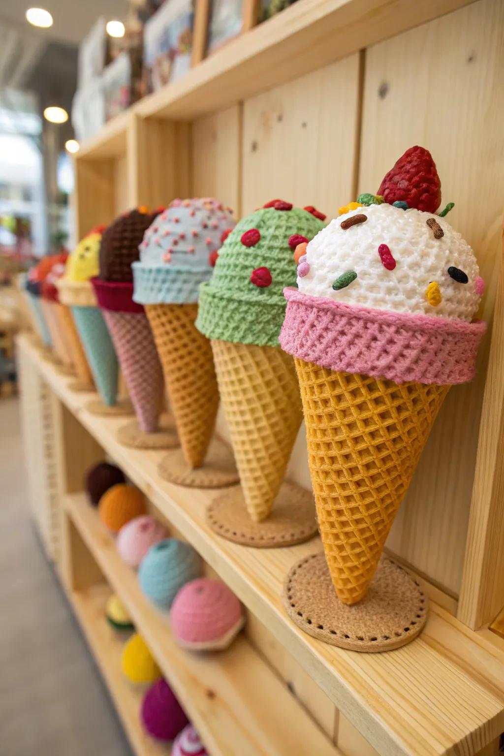 Add a scoop of fun to your decor with crochet ice cream cones.