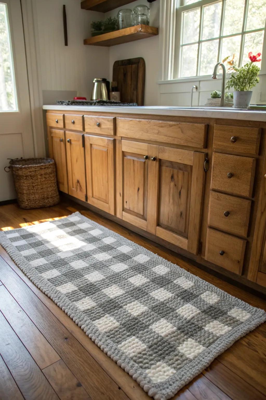 A classic gingham check crochet rug in a kitchen.