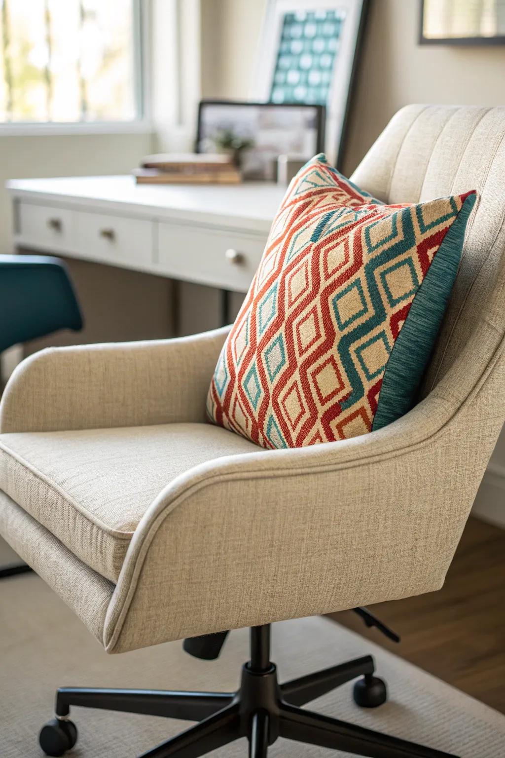 A throw pillow adds comfort and a splash of style to your chair.