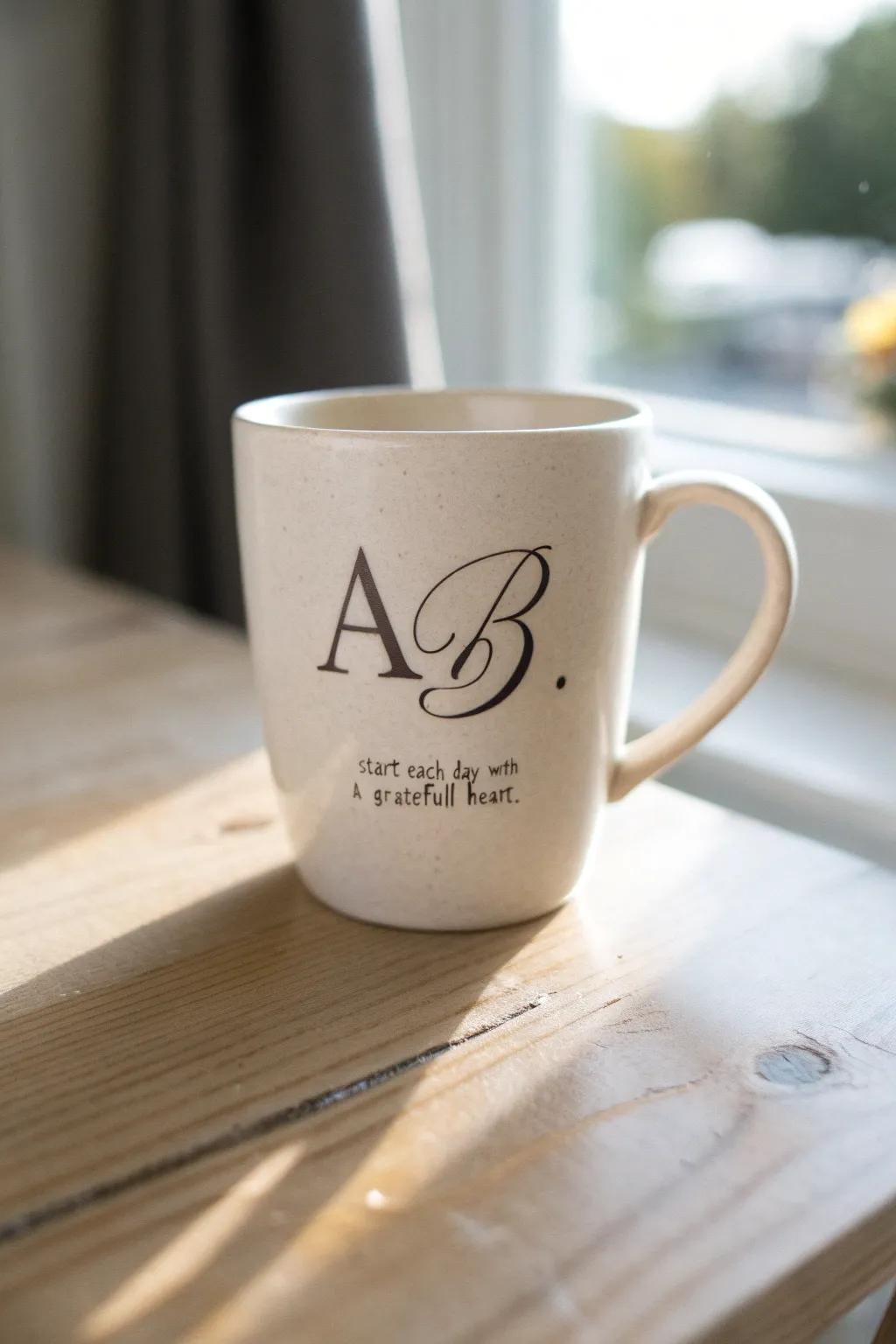Sip your morning coffee in style with a personalized monogram mug, capturing simplicity and elegance with a meaningful quote.
